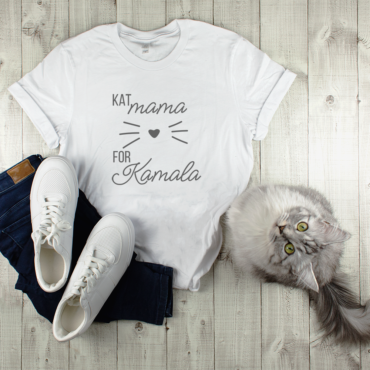 Kat Mama for Kamala white t-shirt outfit with cat